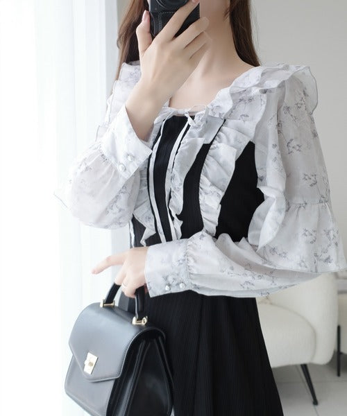 【mily bilet】上品にスタイルアップ。シャイニー花柄フリルブラウスドッキングワンピース mi1139093