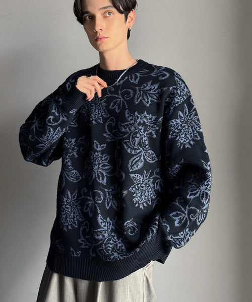 【classical origin】視線を奪う、ジャガード花柄ニット/Jacquard Floral Knit Sweater ao1020311