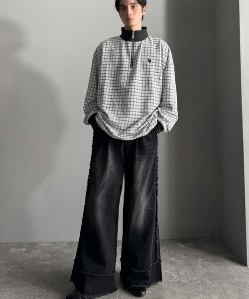 【Classical Origin】「上品カジュアル」。裾ドロスト付きツイード素材ハーフジッププルオーバー(長袖)/Tweed Fabric Drawcord Half-Zip Pullover co1010032