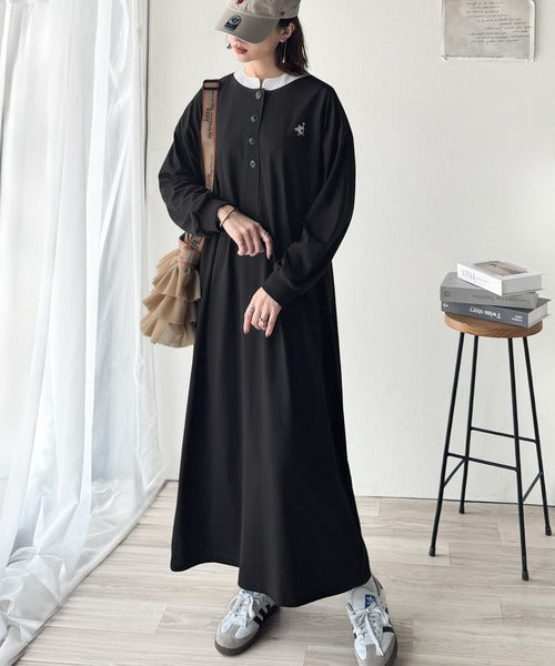 大人リラクシーで抜け感を。胸刺繍配色デザインヘンリーネックロングワンピース(長袖) ce1020323