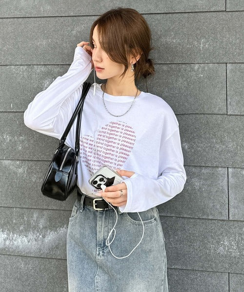 【mily bilet】 ハートが映える♪大人カジュアルMIX◎ハートグラフィック指穴ロングTシャツ mi1029154