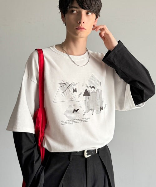 【Classical Origin】幾何学柄ポンチ素材レイヤードTシャツ(長袖)/Geometric Pattern Ponte Layered T-Shirt co1150050
