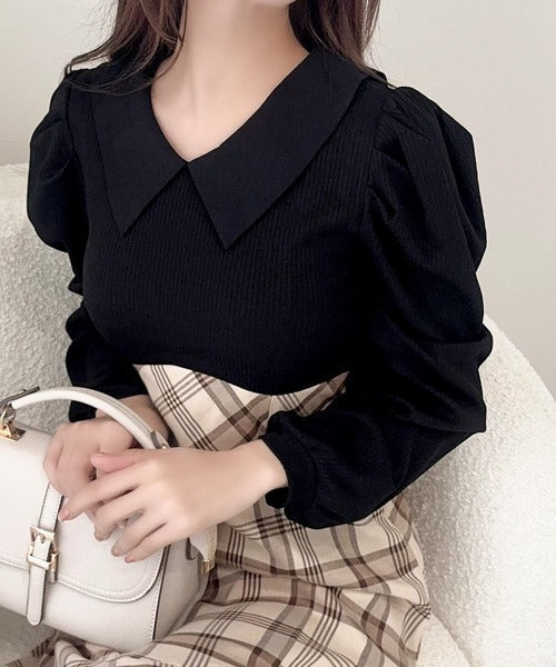 【mily bilet】愛され要素がぎゅっと盛り♪シャツ襟チェックアシメフリルドッキングロングワンピース(長袖) mi1139088