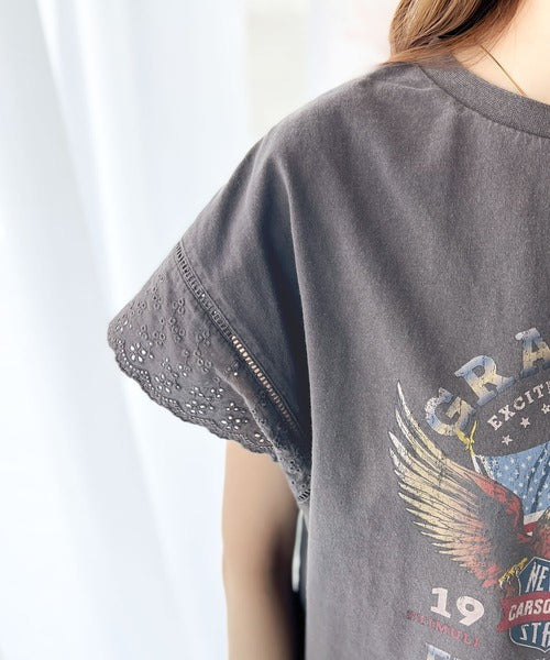 《Javaジャバコラボ》ヴィンテージライクなデザイン。綿100%袖レースピグメントロックTシャツ jv1050164