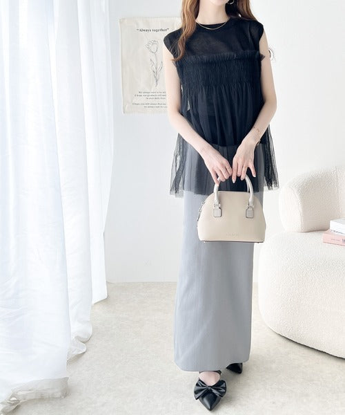 【mily bilet】ふんわり大人可愛いシアーラメトップス。チュールフリル使いノースリーブシアーニット mi1149052