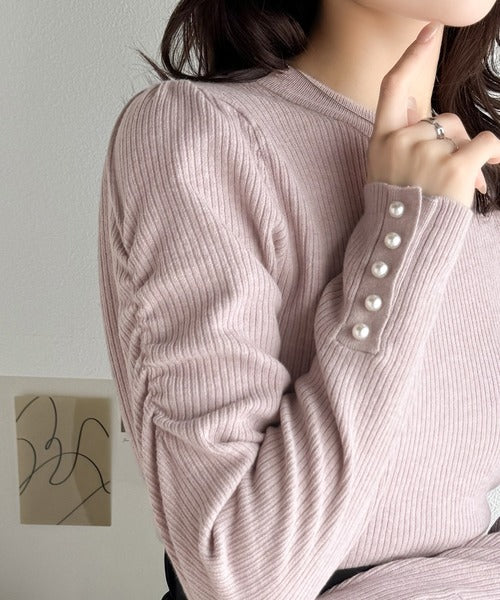 【mily bilet】大人の上品ベーシック♪袖パール使いパフスリーブニットトップス mi1029092