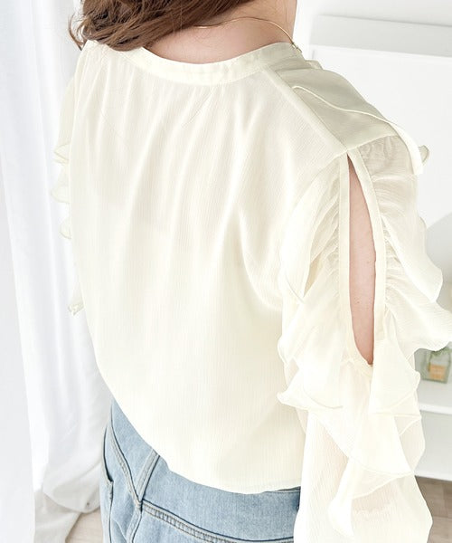【mily bilet】大人レディな印象。肩開きフリル楊柳ブラウス mi1019044
