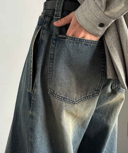 ヴィンテージ加工3タックワイドバルーンデニムパンツ/Vintage-Washed Three-Tuck Wide Balloon Denim Pants co0900009