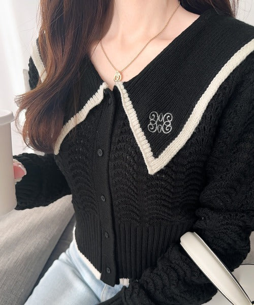 【mily bilet】上品に華やぐ一枚。襟刺繍柄編みビッグ襟ニットポロシャツ(長袖) mi1029097