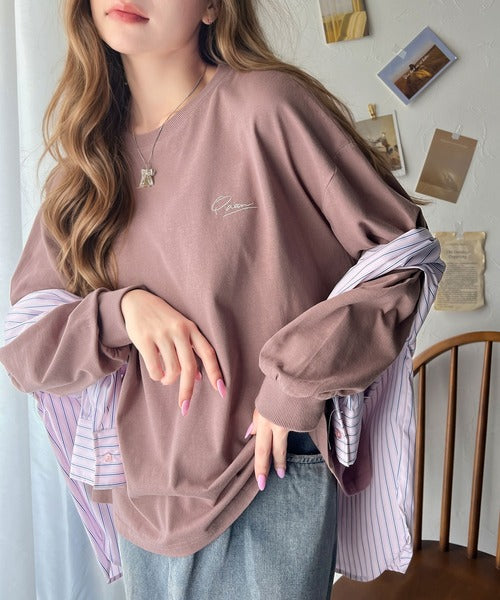シンプルカジュアルを格上げ。綿100%ワンポイント胸刺繍シンプルロンTee ce1260187