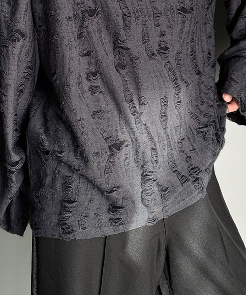 グランジを楽しむ旬スタイル。ダメージ加工ビッグシルエットジャカードカットソーTシャツ(長袖) cm1010420
