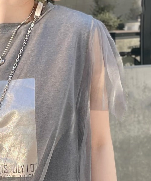 【mily bilet】1枚で上級お洒落style。チュール重ね着風シルバー箔プリントTシャツ mi1149050