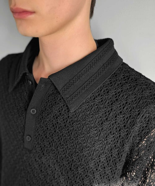 「透け感、モードの余韻。」衿ダブルライン使いレース柄ニットポロシャツ/Double-Line Collar Lace Pattern Knit Polo Shirt co1010049