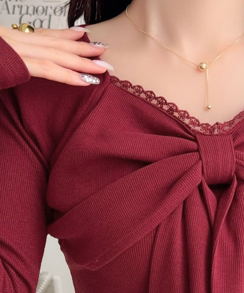 【mily bilet】一枚でときめく、主役級ビッグリボン×繊細レースで大人ガーリーに♪リボンレーストップス(長袖) mi1019160