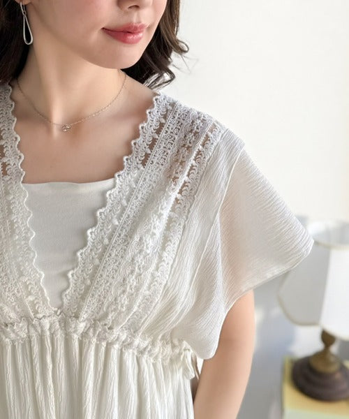 【mily bilet】甘さを抑えて上品に華やぐ。ナチュラルムードな レース使い楊柳フレアワンピース mi1019130