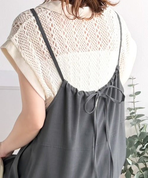 落ち感ワイドでつくる、大人の抜け感。バックリボンサロペットパンツ ce1240122