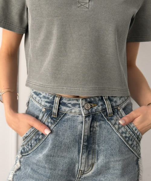 【mily bilet】シンプルを可愛く、今っぽく♪ロゴ刺繍ヘンリーネッククロップドテレコリブ半袖カットソー(ショート丈) mi0789014