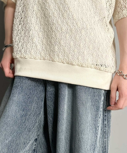 「透け感、モードの余韻。」衿ダブルライン使いレース柄ニットポロシャツ/Lace Detail Knit Polo Shirt co1010010