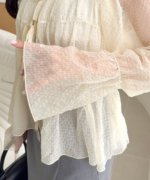 【mily bilet】1枚で2通り。透け感×チェックで、甘さをほどよく。前後2wayシアーチェックブラウス mi1359032