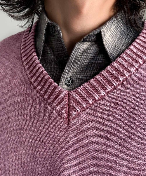 【Classical Origin】「自分ウケ最強。」綿100%刺繍入りピグメント加工Vネックセーター/Pigment-Dyed 100% Cotton Embroidered V-Neck Sweater co0780016