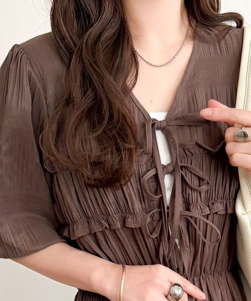 【mily bilet】1枚で華やぐ♪揺れ感シアーフリルリボンプリーツロングワンピース mi1019134
