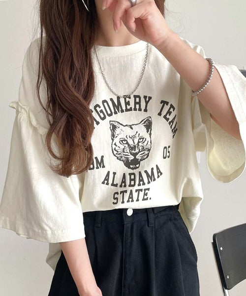 レディなヴィンテージスタイル。綿100%カレッジピグメント袖フリルTシャツ ce1020221