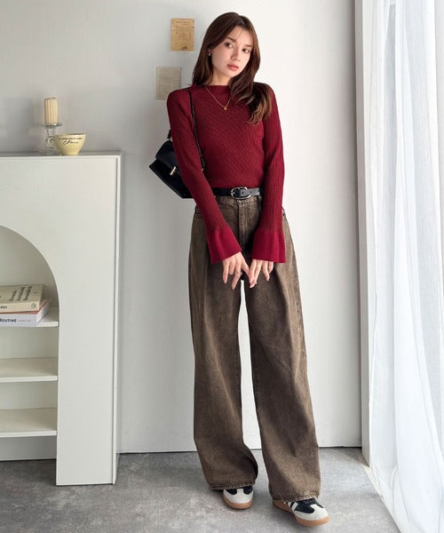 袖にキュン♪大人女子の旬顔トップス。ランダムリブ袖フレアモックネックプルオーバー(長袖) ce1050343