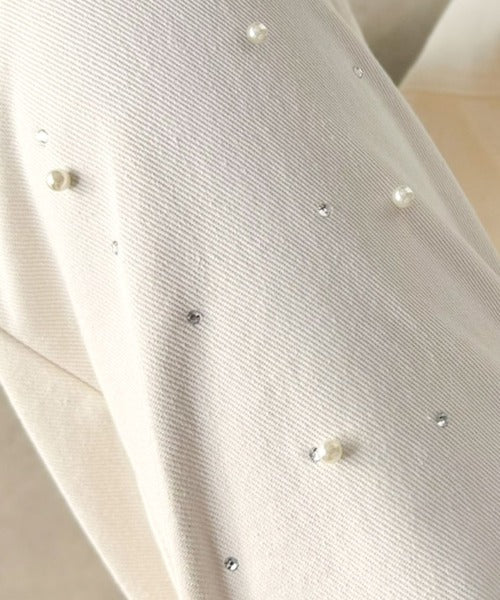 【mily bilet】カジュアルにきらめきを。パールビジューワイドストレートデニムパンツ mi1419001