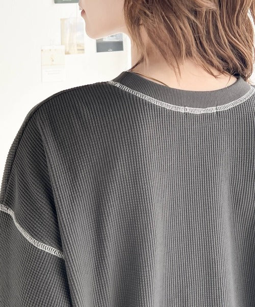《JaVa ジャバコラボ》ポコポコ素材が今の気分♪胸刺繍&配色ステッチワッフル半袖Tシャツ jv1260111