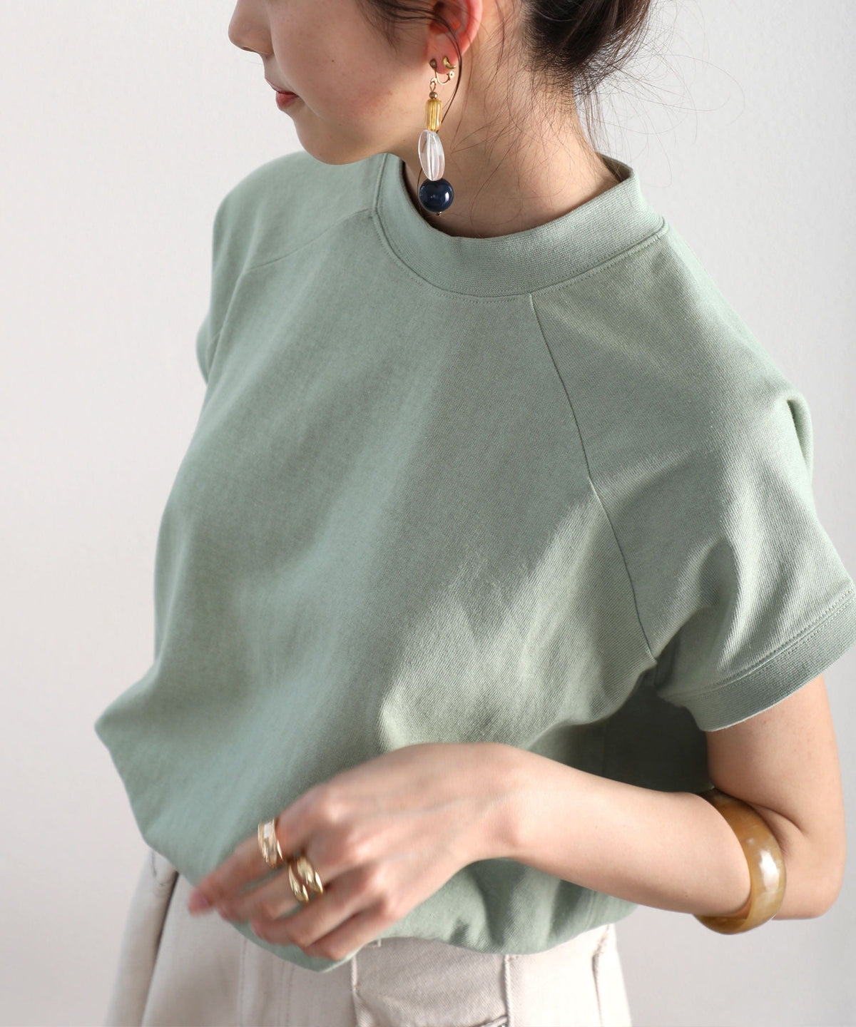 【sustaina+】【family+】綿100%USAコットン、大人のモックネックTシャツ。 cl5015
