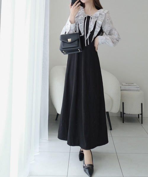 【mily bilet】上品にスタイルアップ。シャイニー花柄フリルブラウスドッキングワンピース mi1139093