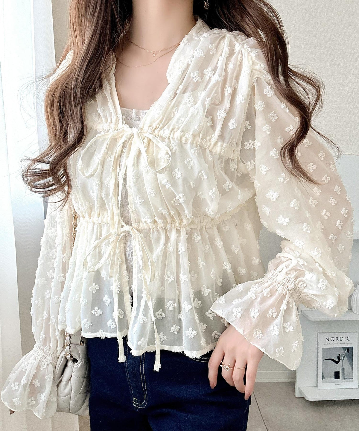 【mily bilet】透け感シフォンでつくる、大人の可憐スタイル。花柄シフォンカーデブラウス（長袖） mi1019105