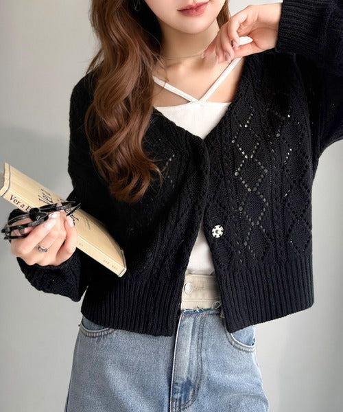 着るたび、雰囲気美人。前後2way格子柄透かし編みショート丈ニットカーディガン（長袖） ce1260448