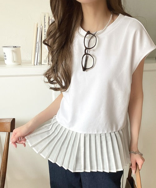 上品フェミニンに決まる。裾シアープリーツライトダンボールフレンチスリーブ風Tシャツ ce1110117