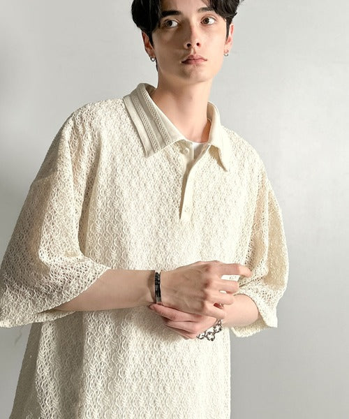 「透け感、モードの余韻。」衿ダブルライン使いレース柄ニットポロシャツ/Lace Detail Knit Polo Shirt co1010010