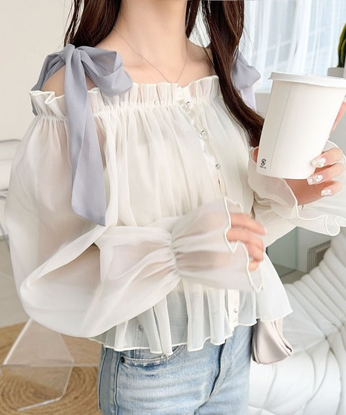 【mily bilet】大人愛され甘め主役級トップス。肩リボンオフショル２WAYオーガンジーブラウス(長袖) mi1359008