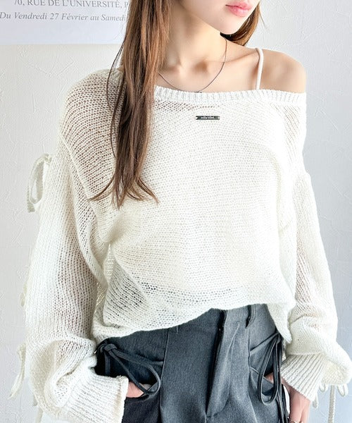 【mily bilet】大人のきらめき。プレートデザイン透かし編み袖リボンラメニット(ワンオフショル2way) mi1259009