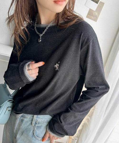 ヴィンテージ感をプラス。綿100%衿バイカラーワンポイント刺繍ロンTシャツ ce1260203
