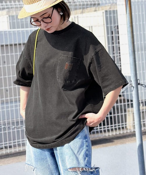 《JaVa ジャバコラボ》古着風ストリートMIX。綿100%ヘヴィーウエイト胸ポケピグメントTシャツ jv1029020