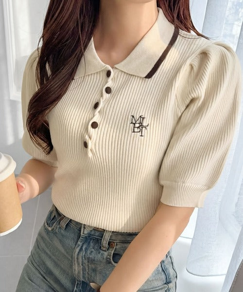 【mily bilet】配色×くすみカラーで魅せる、ずるい清楚さ。配色ラインポロニット (半袖) mi1359044