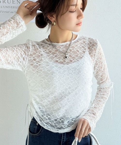【mily bilet】着るだけでおしゃれ度UP！シアージャガード総レースサイドサテンリボントップス（長袖） mi1019079