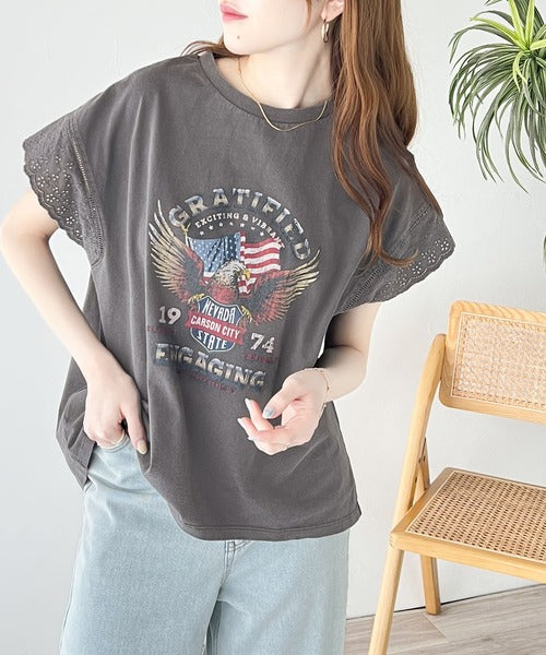 《Javaジャバコラボ》ヴィンテージライクなデザイン。綿100％袖レースピグメントロックTシャツ jv1050164