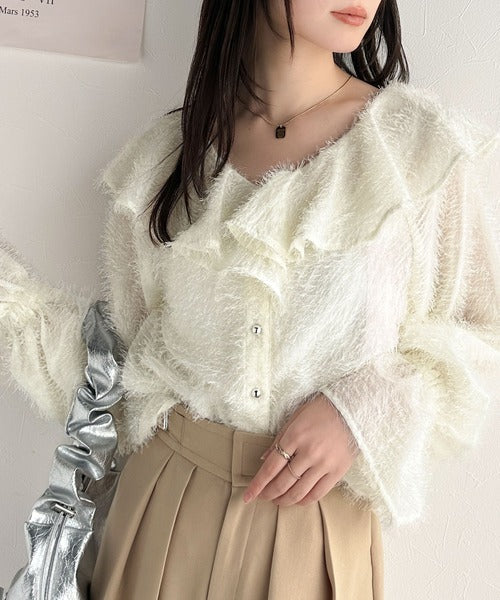 【mily bilet】ふんわり愛らしさを纏う大人ガーリーMIX。シアーフェザーフリル襟キャンディースリーブブラウス（長袖） mi1019078