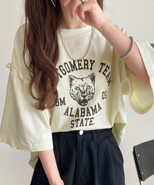 レディなヴィンテージスタイル。綿100％カレッジピグメント袖フリルTシャツ ce1020221