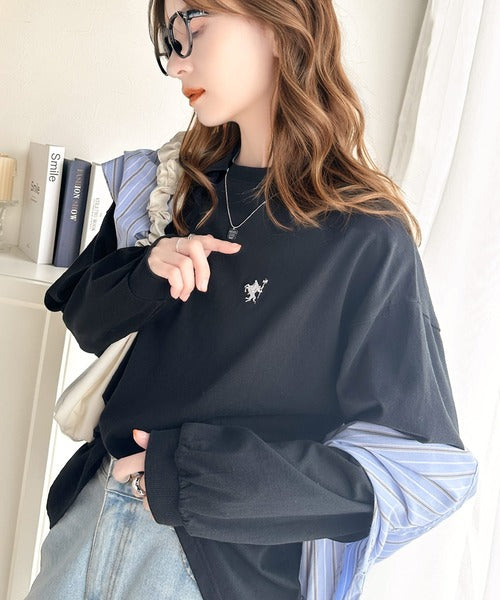 大人カジュアルスタイルに。綿100％着心地抜群の胸刺繍クルーネック長袖Tシャツ ce1050215