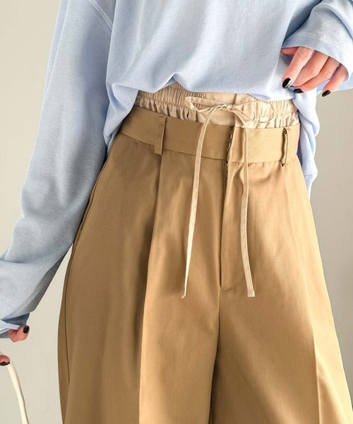 上品なシルエットの優秀パンツ♪Wベルト異素材スラックスワイドパンツ ce0940219