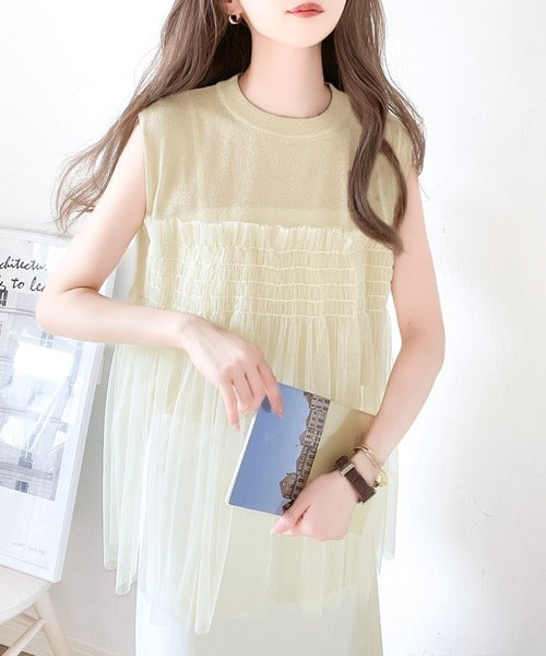 【mily bilet】ふんわり大人可愛いシアーラメトップス。チュールフリル使いノースリーブシアーニット mi1149052