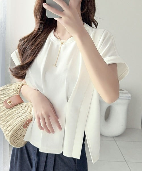 【mily bilet】ウエストラインを細魅せ♪スリット入りタックデザインカットソートップス（半袖） mi1329074