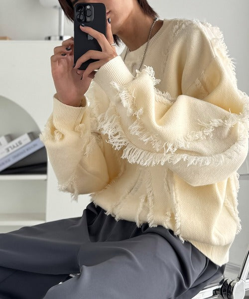 【classical origin】「着るだけで、印象派」。フリンジデザイン配色オーバーサイズニット（長袖）/Fringe design oversized long sleeve knit ao1260444