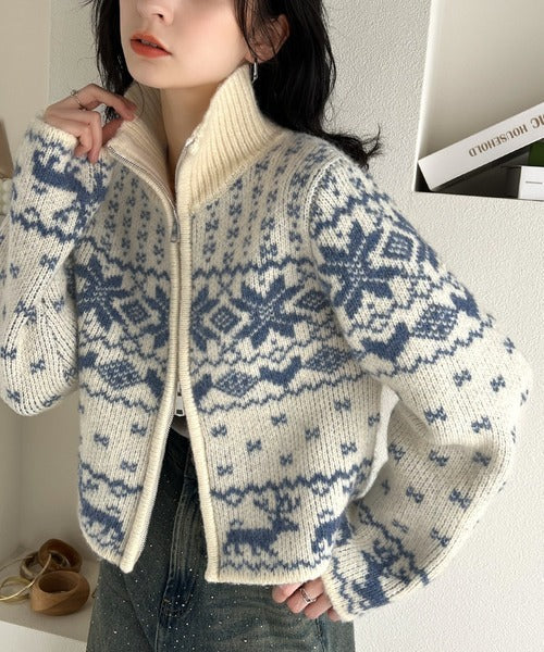 【mily bilet】冬の定番でアレンジ万能♪ノルディック柄ダブルジップニットカーディガン(長袖) mi1029087
